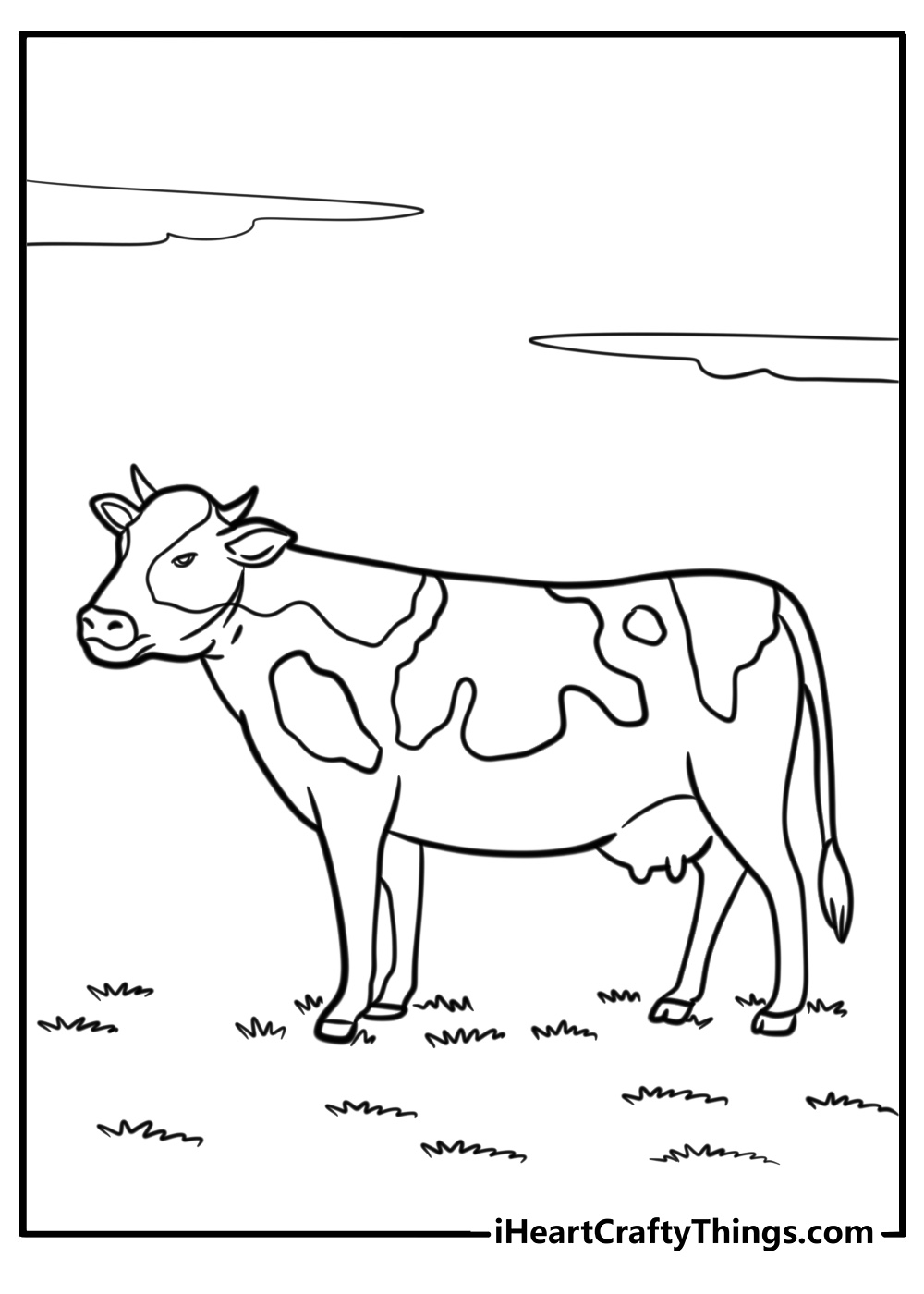 Cow walking in a grassy field fun coloring sheet