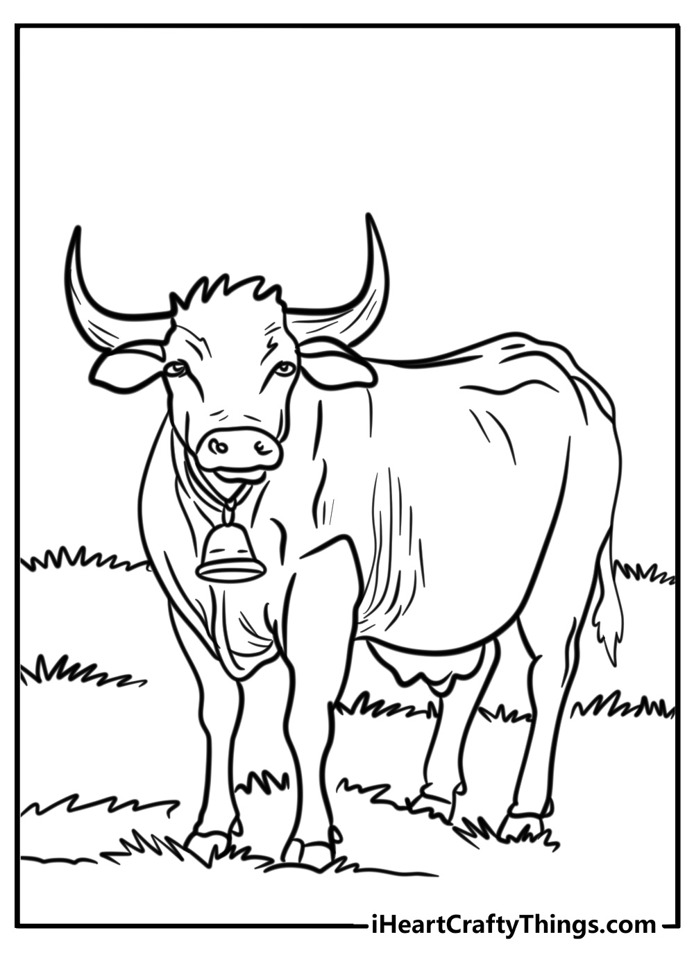 Cow with a bell around its neck detailed coloring sheet