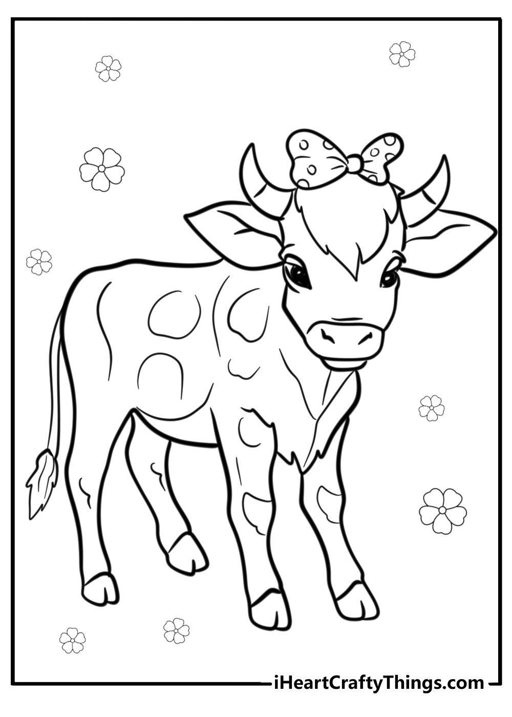 Cow with a cute bow free coloring page pdf