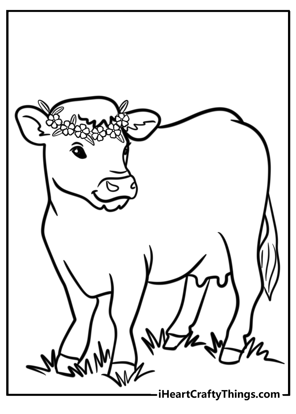 Cow with a flower crown detailed coloring sheet