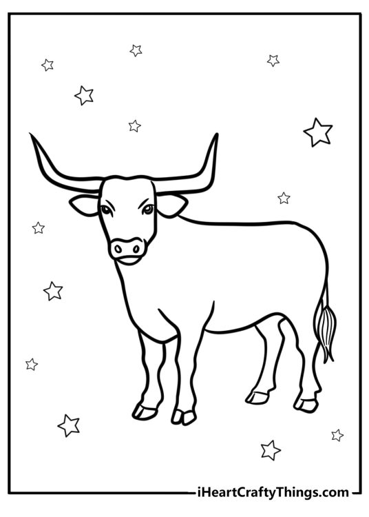 Cow with large horns fun coloring sheet
