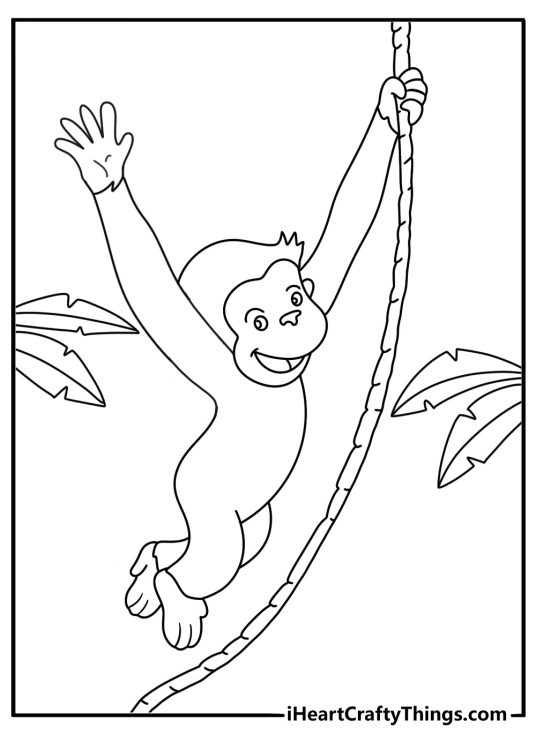 curious george coloring page for kids featuring him swinging from a rope and waving to us