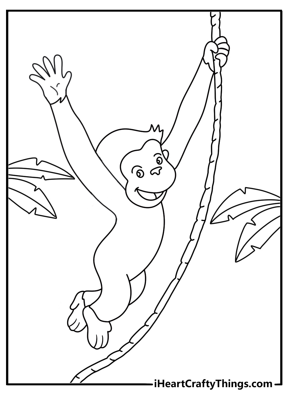 curious george coloring page for kids featuring him swinging from a rope and waving to us