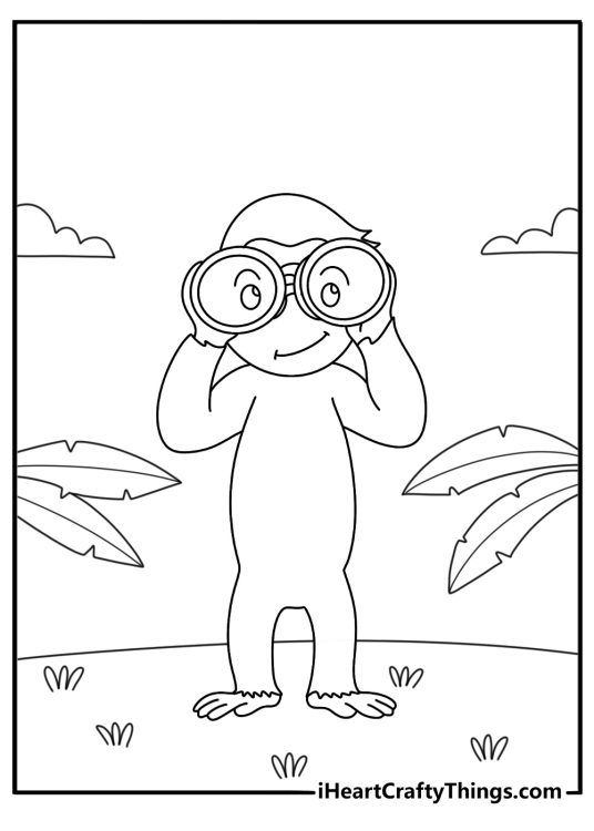 curious george exploring surroundings outdoors through his binoculars printable page to color