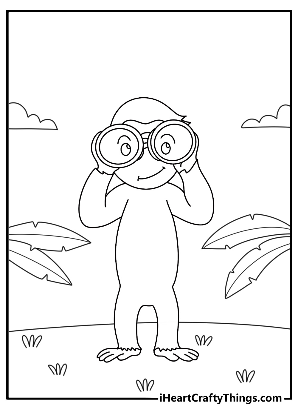 curious george exploring surroundings outdoors through his binoculars printable page to color