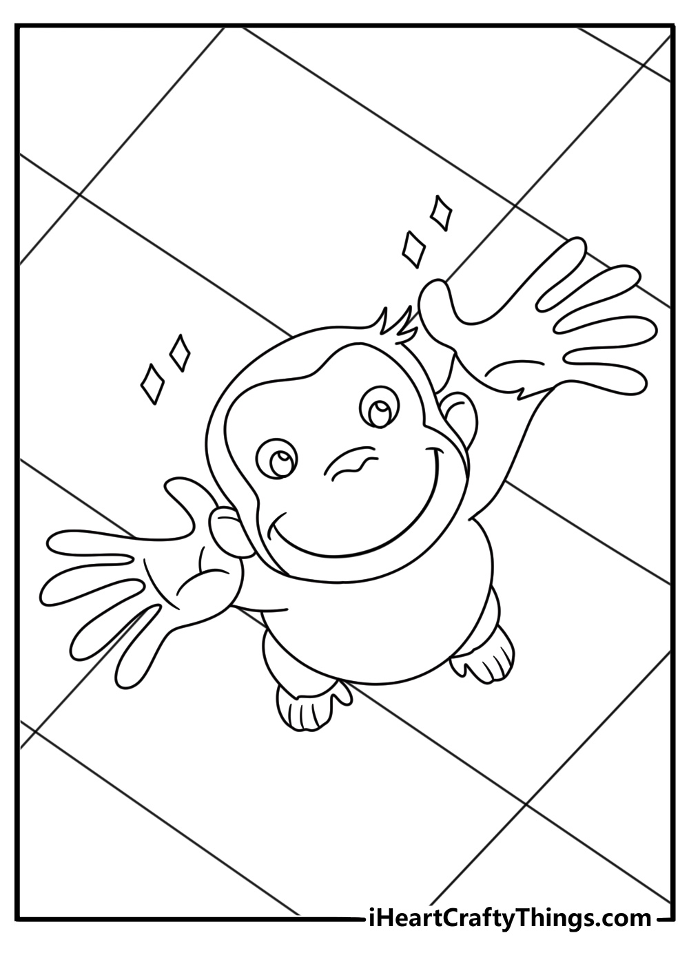 curious george featured reaching out to us from below free coloring printable for kids