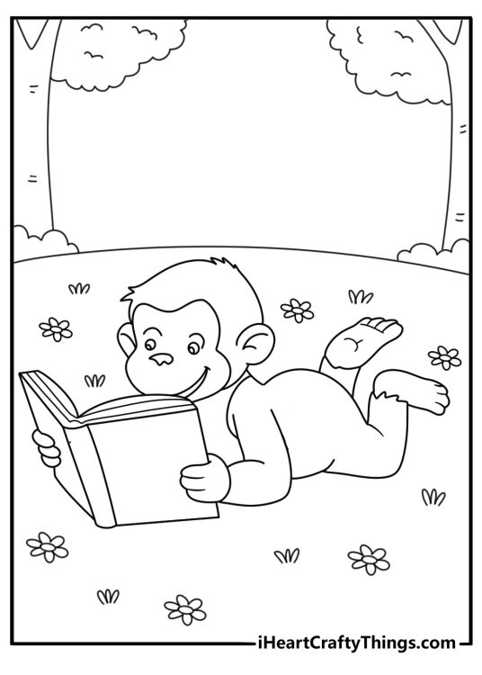 curious george laying down on his belly while reading book free page to download and color