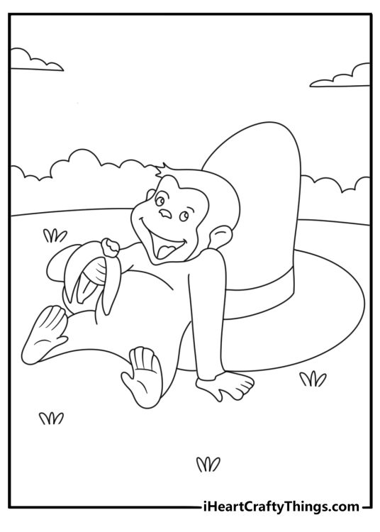 curious george leaning against the iconic hat and enjoying tasty banana printable page to color