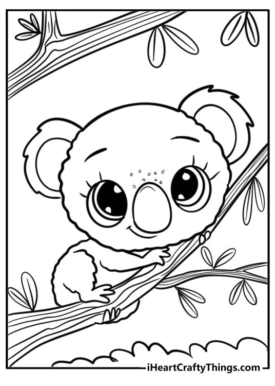 Cute animals-themed coloring sheet to print depicting adorable koala on a tree branch