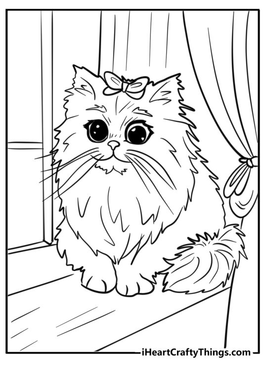 Cute animals coloring printable featuring fluffy cat with long whiskers sitting on a windowsill