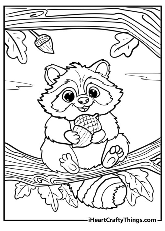 Cute animals page for children featuring happy raccoon sitting on oak tree with an acorn in his hands
