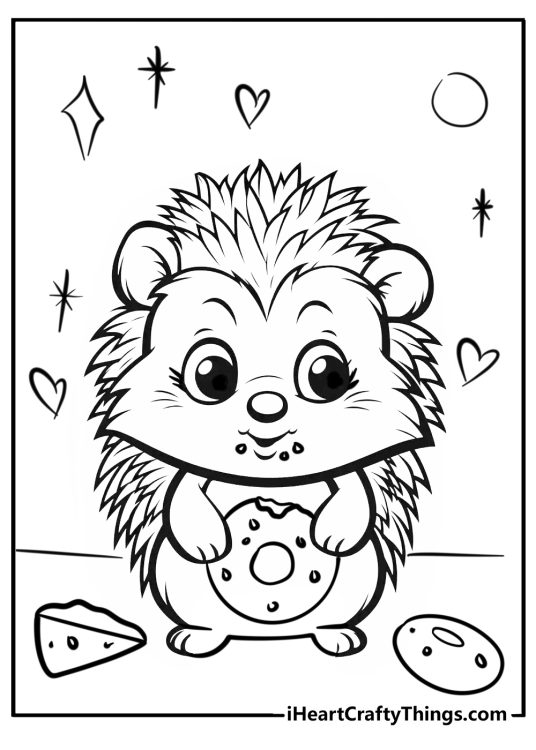 Cute animals picture of a cartoony hedgehog with expressive thorns eating donuts