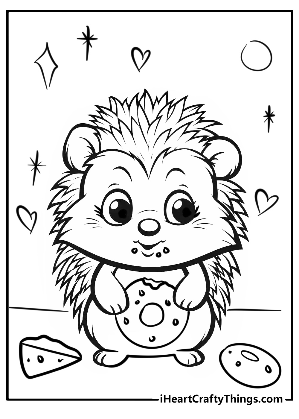 Cute animals coloring page of hedgehog eating mini donuts