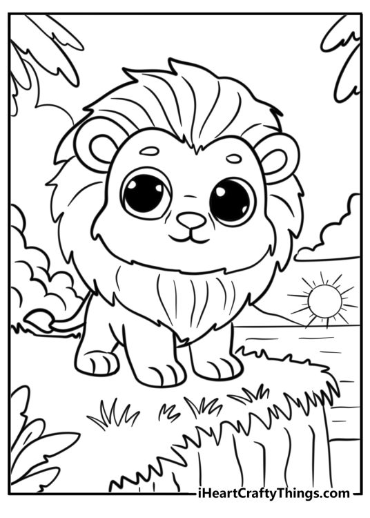 Cute animals-themed printable image of a cartoony lion standing on a cliff on a sunny day