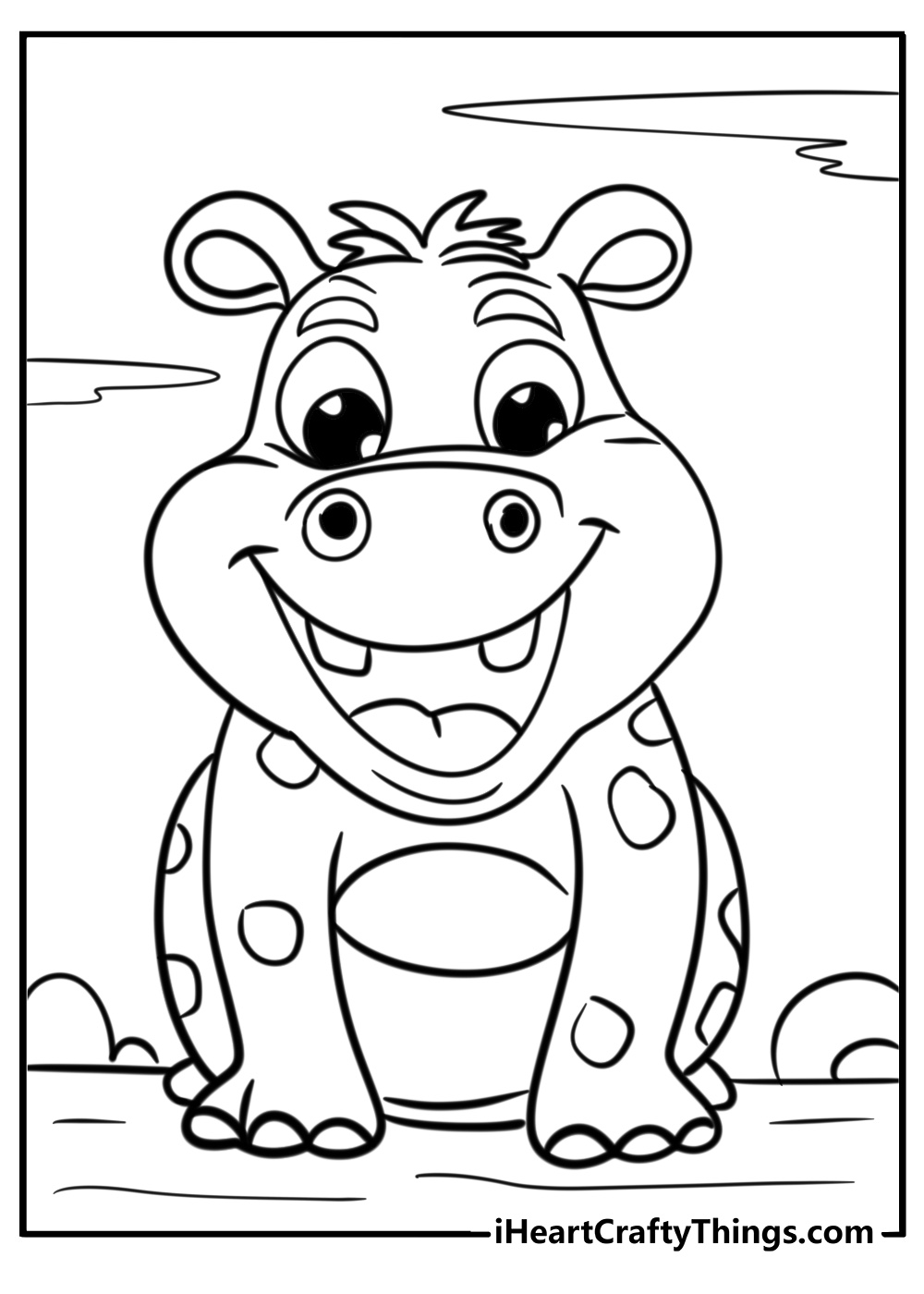 Cute animals coloring page of sitting hippopotamus with big smile
