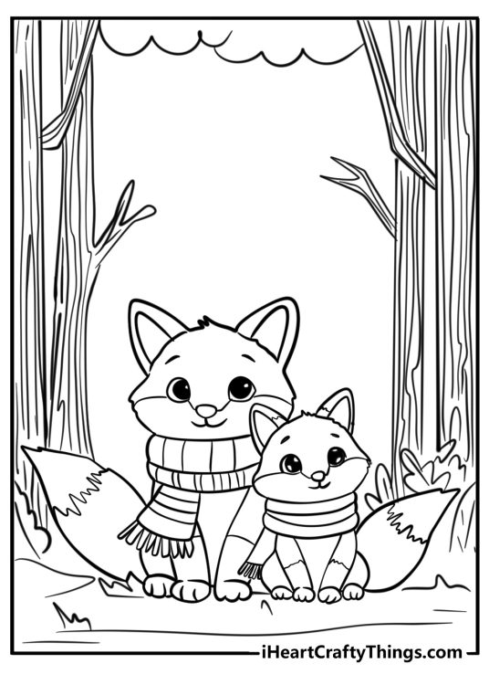 Cute animals printable with two foxes sitting side by side between trees with scarves around their necks