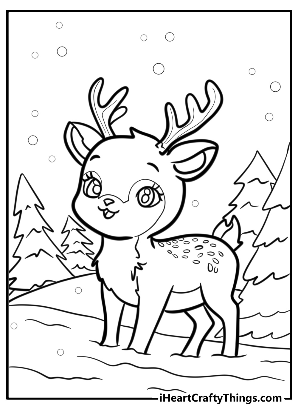 Cute baby reindeer in a winter scene detailed coloring sheet