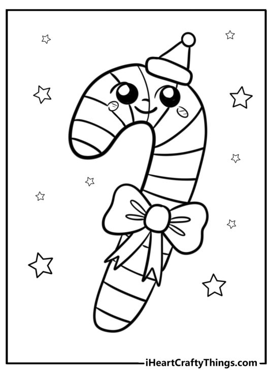 Printable for kids of a cute candy cane with a smiling face and Santas hat surrounded by stars