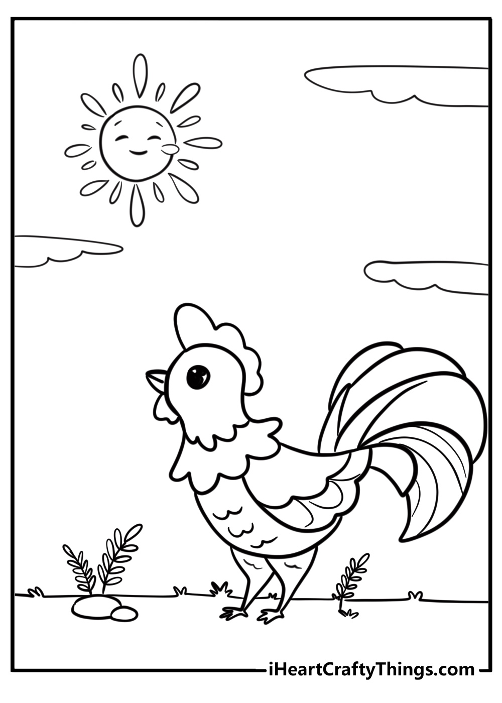 Cute chicken standing in the sun free printable coloring page