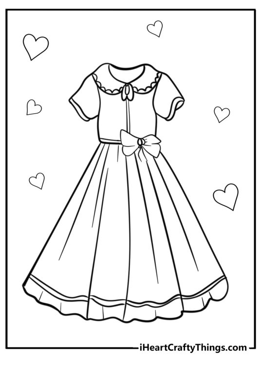 Image of a cute dress for girls with a collar and a bow at the waist surrounded by hearts