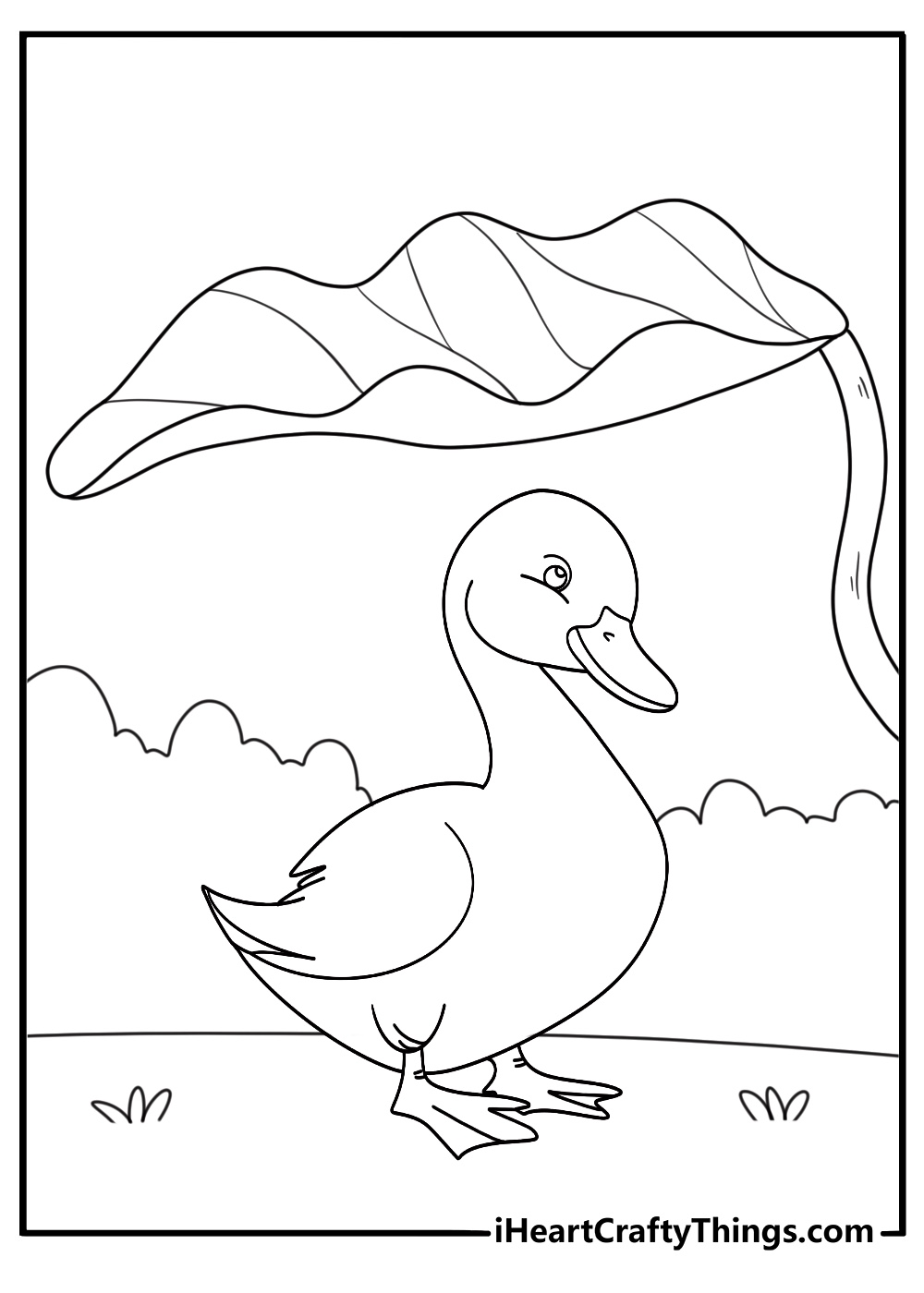 cute duck coloring page baby duckling hiding under broad leaf near shore easy printable