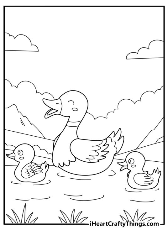 cute duck printable coloring page baby duckling near the shore with soft ripples for kids