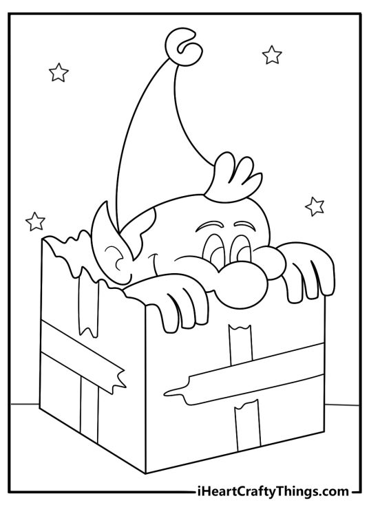 cute elf on the shelf coloring sheet with elf hiding inside a gift box easy download