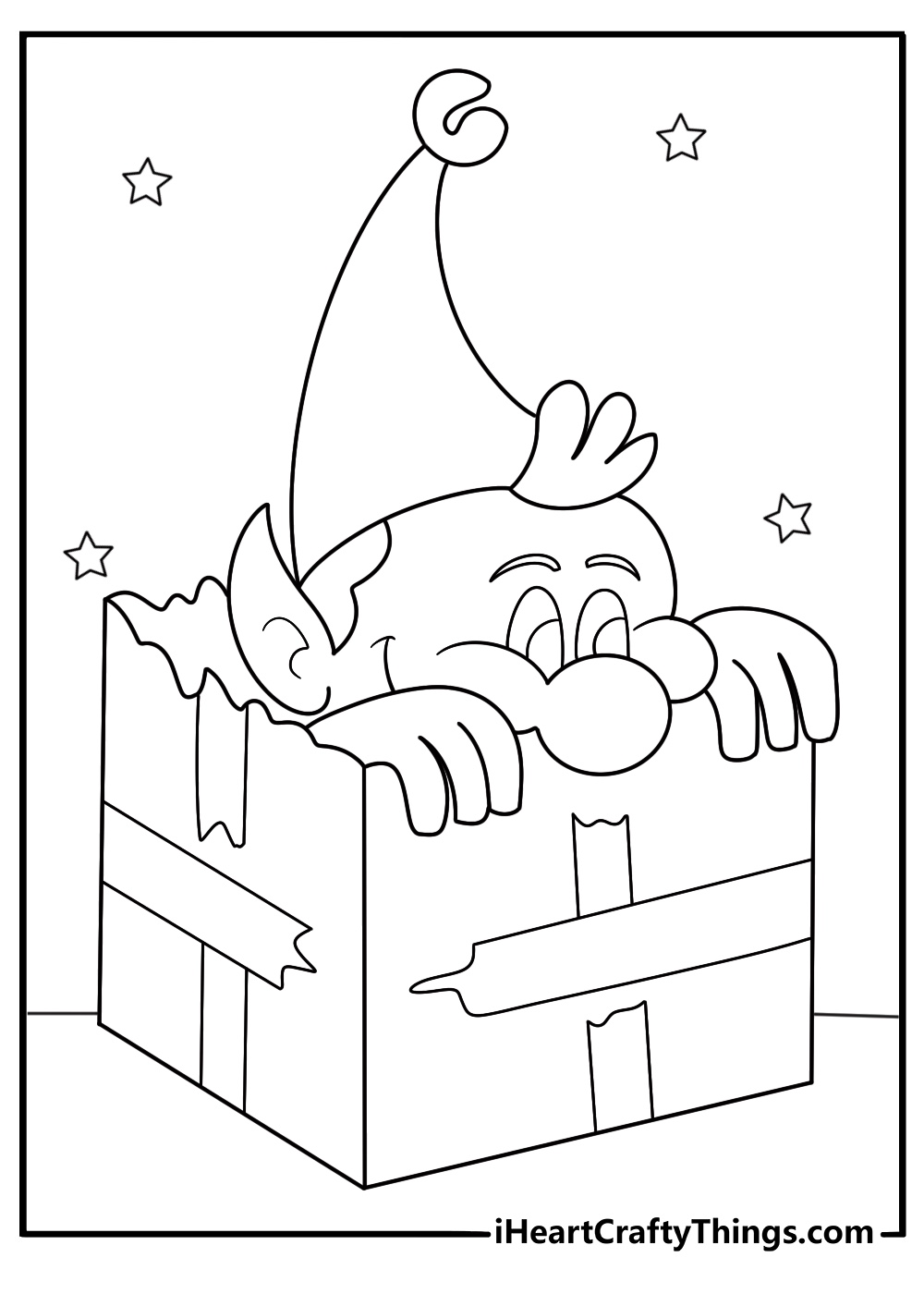 cute elf on the shelf coloring sheet with elf hiding inside a gift box easy download