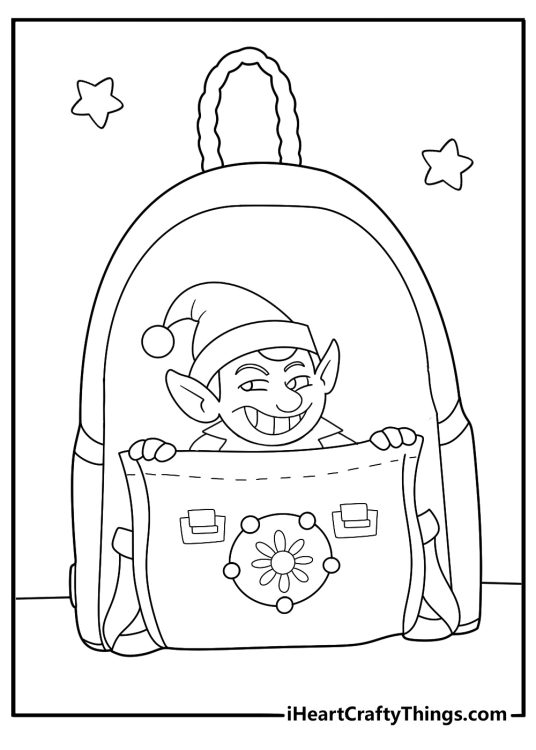cute elf on the shelf coloring sheet with elf peeking from a backpack pocket printable