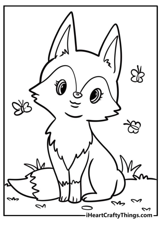 Cute fox sitting on a grass and looking straight ahead printable sheet to color for kids