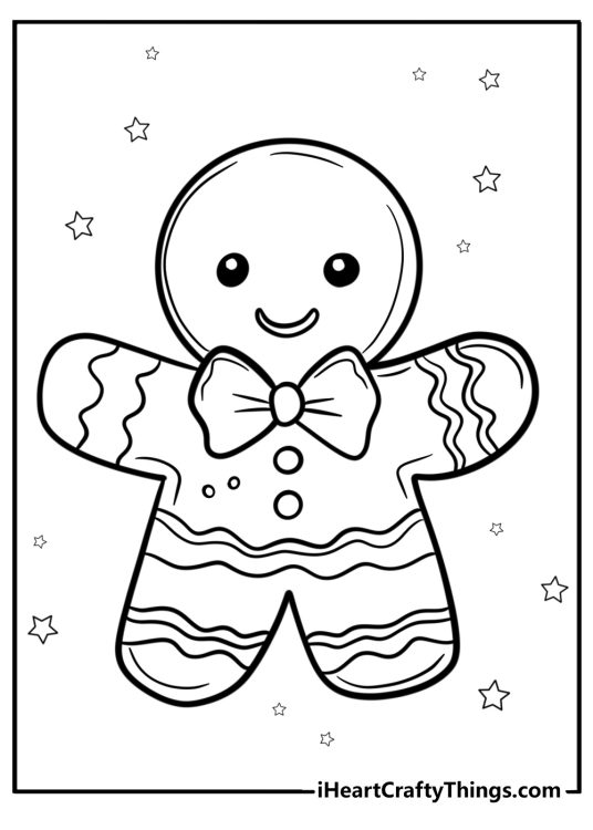 Christmas Gingerbread printable pdf featuring cute gingerbread man with bow tie and stars all around it