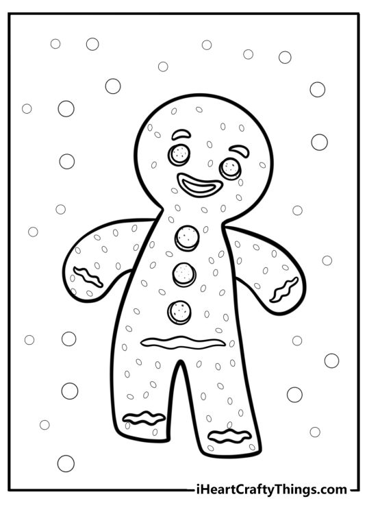 Christmas Gingerbread coloring sheet featuring gingerbread man with gumdrop buttons