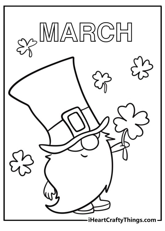 Cute gnome holding a shamrock march coloring sheet for kids