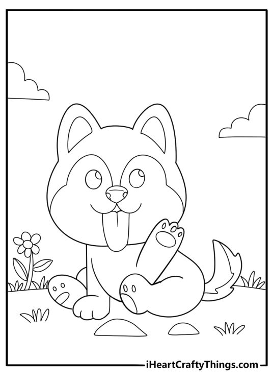 cute husky with paw raised kawaii style coloring sheet