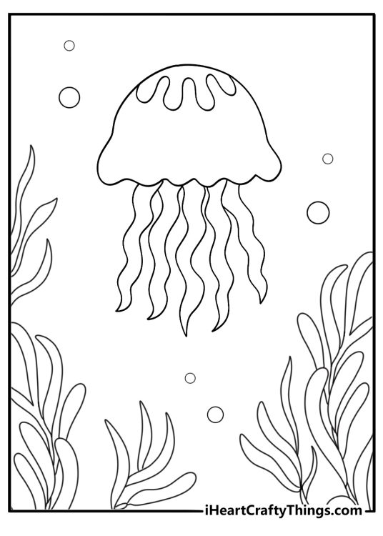 cute jellyfish printable page baby jelly floating near kelp forest simple lines for kids download