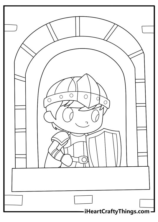 cute knight coloring page peeking from castle window
