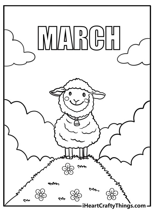 Cute lamb standing in spring grass march coloring sheet