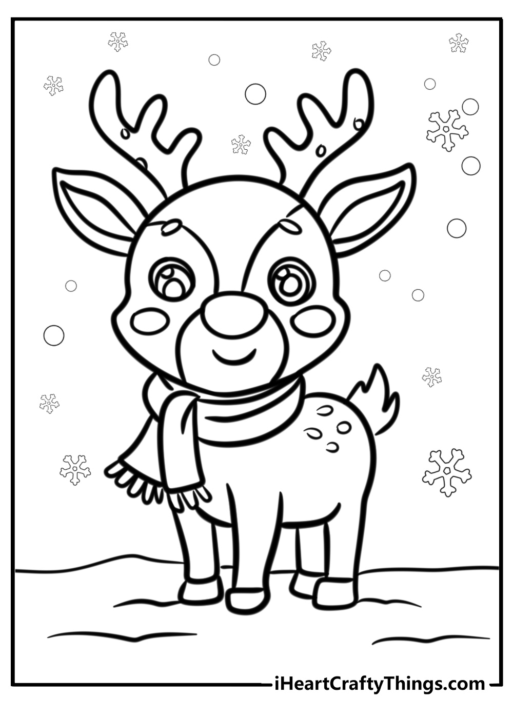 Cute reindeer with a holiday scarf printable coloring page