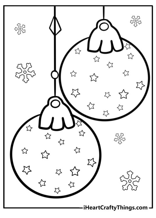 Detailed coloring page presenting two cute round Christmas ornaments decorated with stars