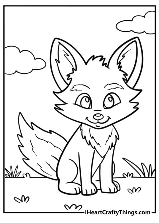 Cute young happy fox with large ears and fluffy tail posing printable coloring sheet