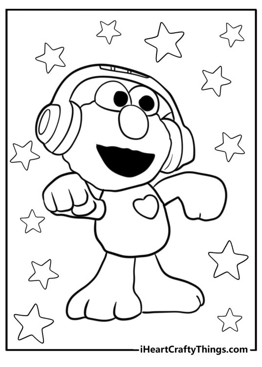Coloring image featuring Elmo from Sesame Street dancing with big headphones on surrounded by stars