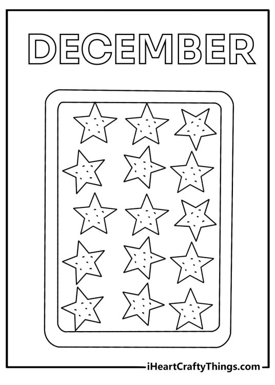 december coloring page for kids featuring star shaped cookies on a baking tray