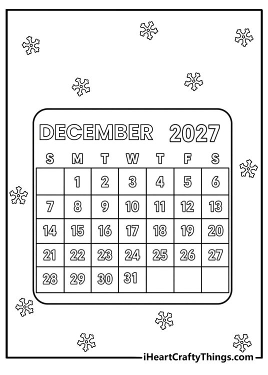 december coloring page showing a calendar with all 31 days of the month