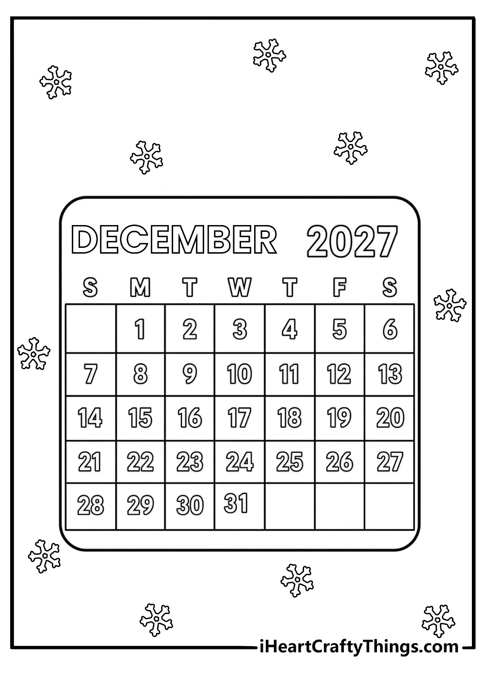 december coloring page showing a calendar with all 31 days of the month