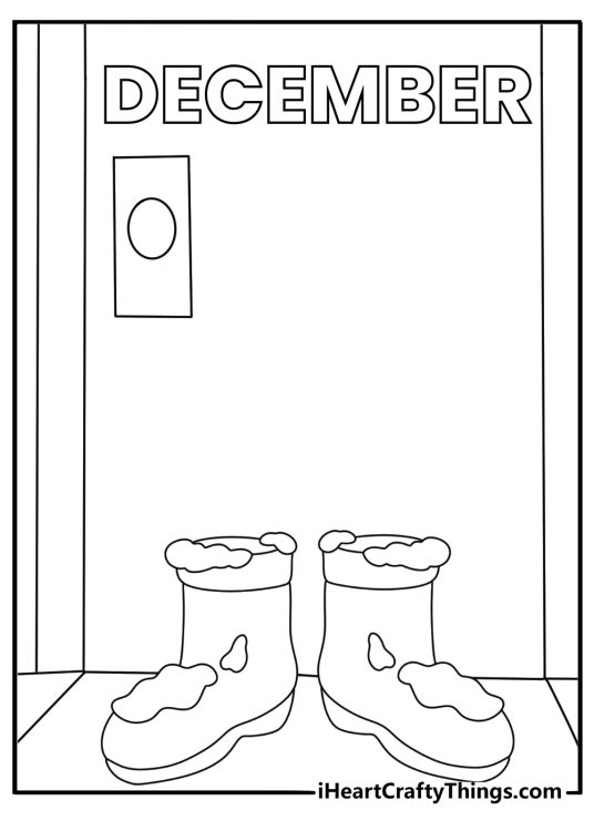 december coloring page showing snow boots standing beside a front door