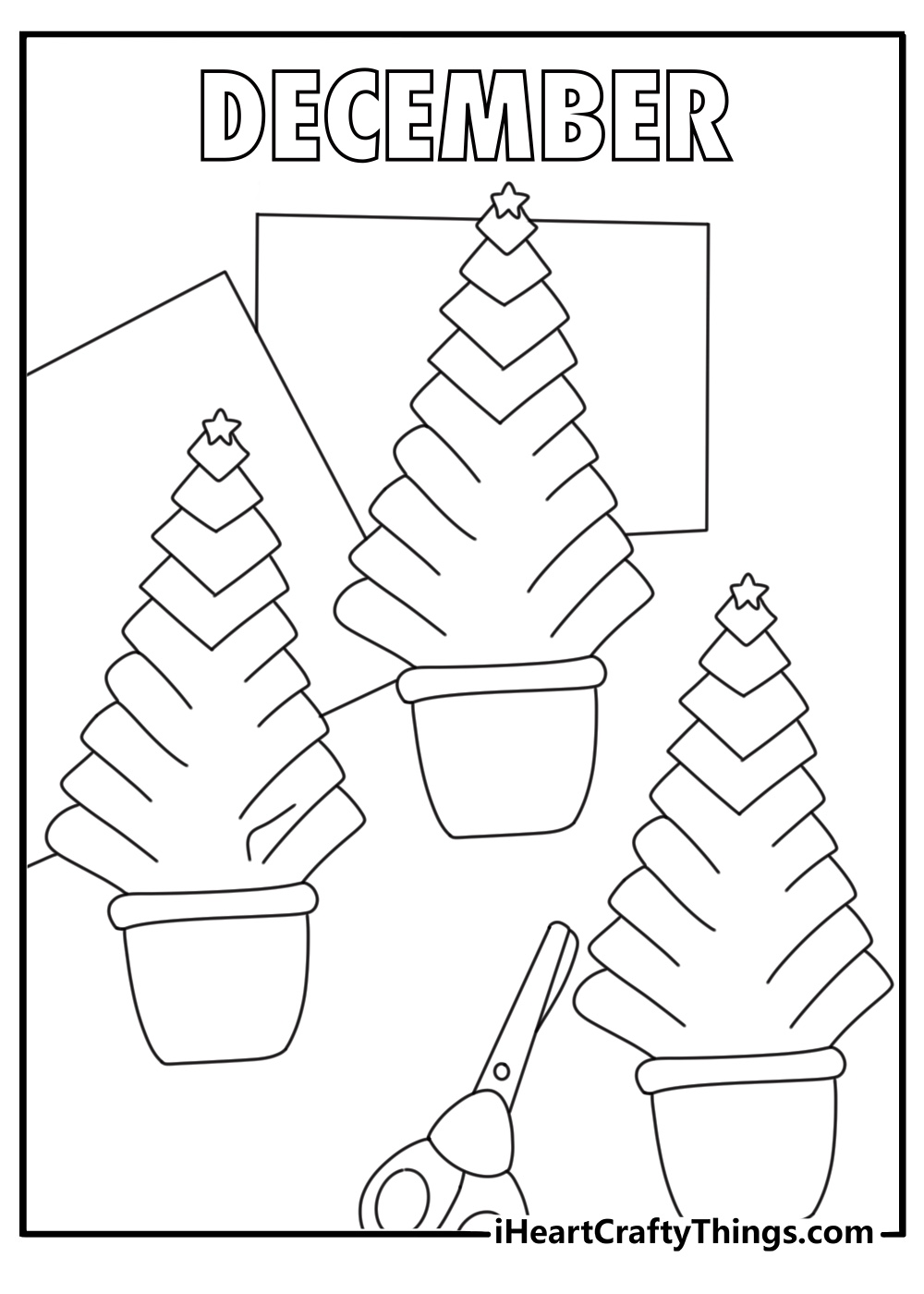 december coloring pages scene showing a child making paper decorations with scissors