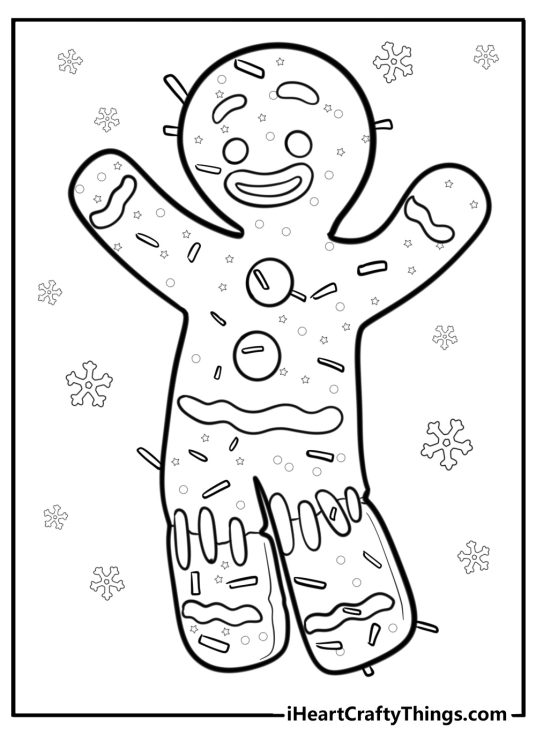 Coloring page presenting smiling Christmas Gingerbread man decorated with sprinkles