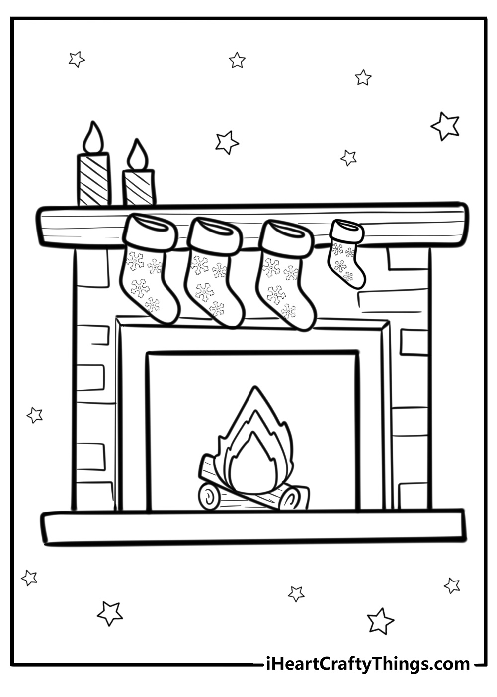 Decorated stocking hanging by the fireplace coloring page