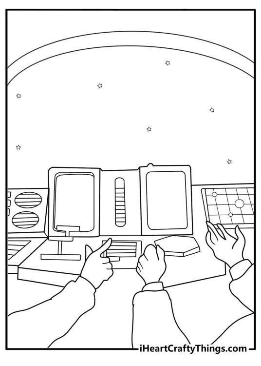 detailed astronaut coloring sheet pilot inside spacecraft cockpit with control panels for adults