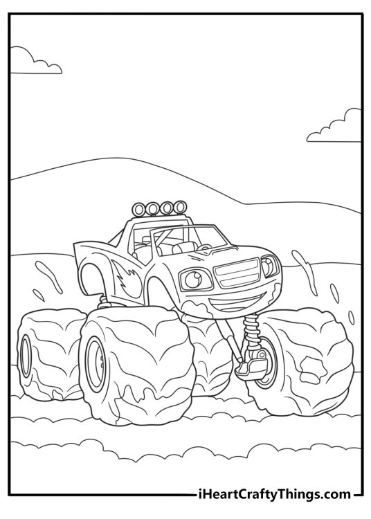 detailed blaze truck splashing through mud coloring sheet